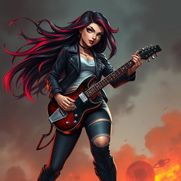 A charismatic Latina vampire rockstar with mesmerizing, captivating eyes, long flowing dark hair enhanced with vibrant red highlights, and a radiant tan complexion