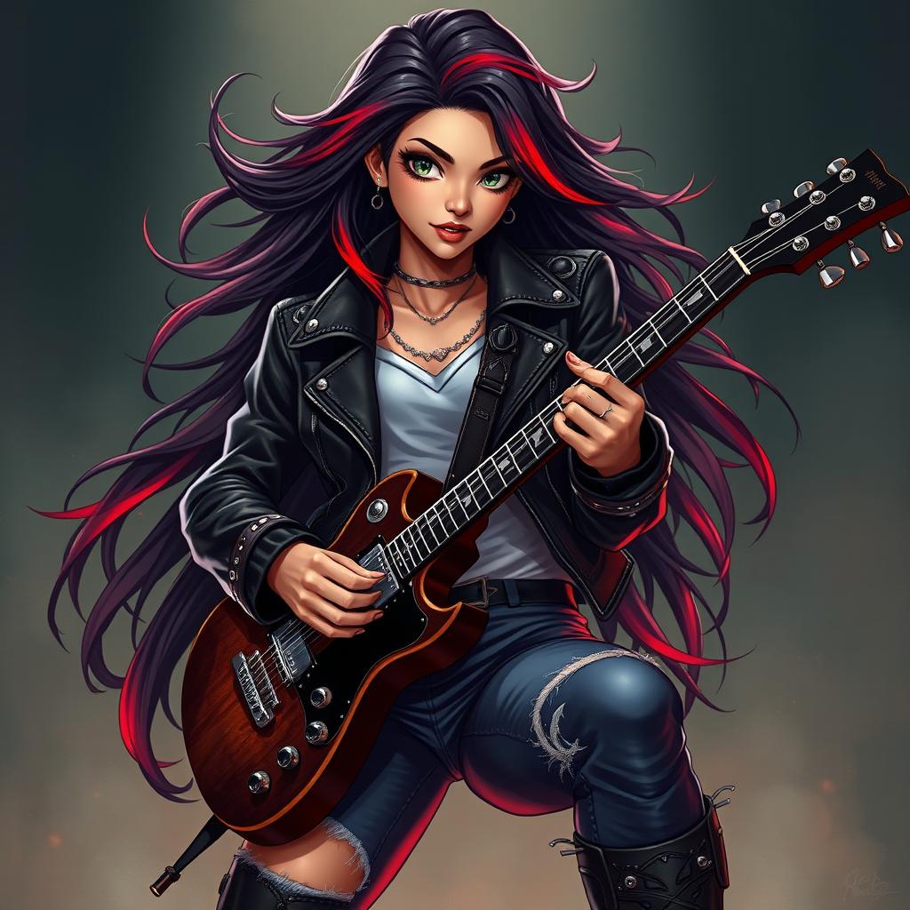 A charismatic Latina vampire rockstar with mesmerizing, captivating eyes, long flowing dark hair enhanced with vibrant red highlights, and a radiant tan complexion