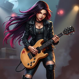 A charismatic Latina vampire rockstar with mesmerizing, captivating eyes, long flowing dark hair enhanced with vibrant red highlights, and a radiant tan complexion