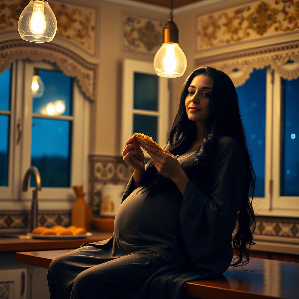 A serene scene of a pregnant Iranian lady sitting on a kitchen counter at midnight, softly illuminated by the warm glow of a hanging light