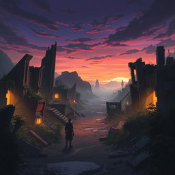 A post-apocalyptic landscape reminiscent of the animated series Arcane, with crumbling buildings, overgrown plants, and a dark, moody atmosphere