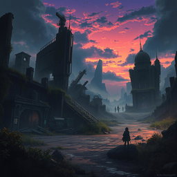 A post-apocalyptic landscape reminiscent of the animated series Arcane, with crumbling buildings, overgrown plants, and a dark, moody atmosphere