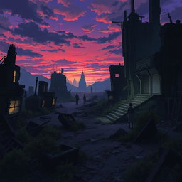 A post-apocalyptic landscape reminiscent of the animated series Arcane, with crumbling buildings, overgrown plants, and a dark, moody atmosphere