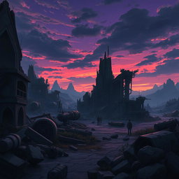 A post-apocalyptic landscape reminiscent of the animated series Arcane, with crumbling buildings, overgrown plants, and a dark, moody atmosphere