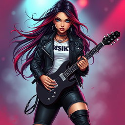 A charismatic Latina vampire rockstar with mesmerizing, enchanting eyes, long flowing dark hair highlighted with vibrant red strands, and a radiant tan complexion