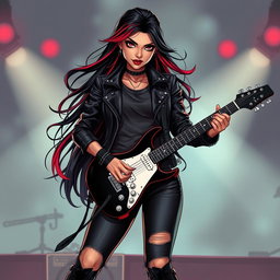A charismatic Latina vampire rockstar with mesmerizing, enchanting eyes, long flowing dark hair highlighted with vibrant red strands, and a radiant tan complexion