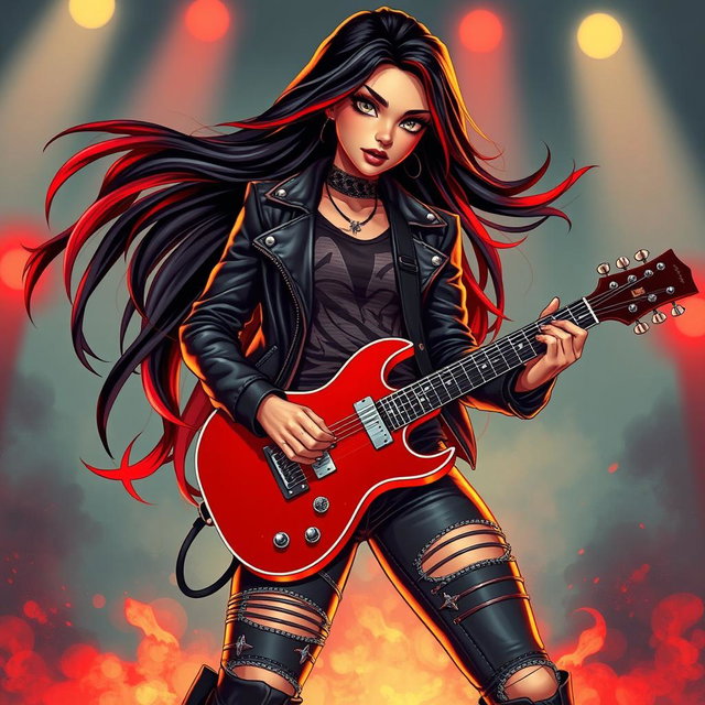 A charismatic Latina vampire rockstar with mesmerizing, enchanting eyes, long flowing dark hair highlighted with vibrant red strands, and a radiant tan complexion