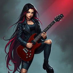 A charismatic Latina vampire rockstar with mesmerizing, enchanting eyes, long flowing dark hair highlighted with vibrant red strands, and a radiant tan complexion