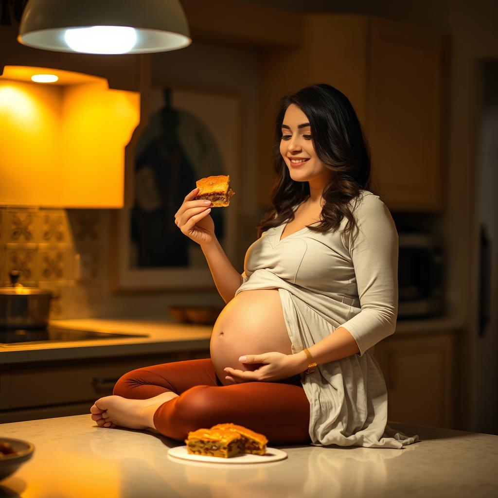 A serene, nighttime scene featuring a pregnant Iranian woman