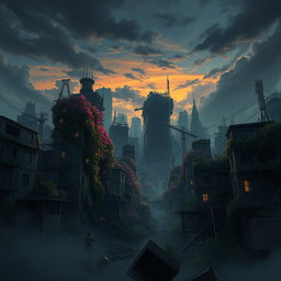 A post-apocalyptic background inspired by the animated series Arcane, featuring a cityscape with dilapidated buildings and twisted metal structures encased in vibrant foliage