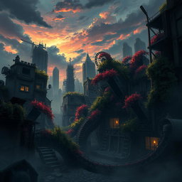 A post-apocalyptic background inspired by the animated series Arcane, featuring a cityscape with dilapidated buildings and twisted metal structures encased in vibrant foliage