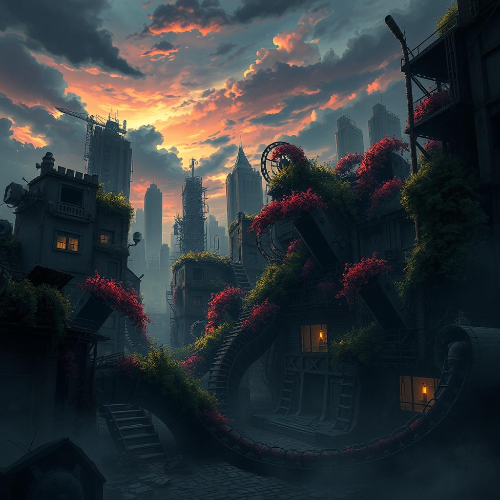 A post-apocalyptic background inspired by the animated series Arcane, featuring a cityscape with dilapidated buildings and twisted metal structures encased in vibrant foliage