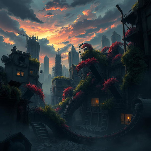 A post-apocalyptic background inspired by the animated series Arcane, featuring a cityscape with dilapidated buildings and twisted metal structures encased in vibrant foliage