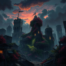 A post-apocalyptic background inspired by the animated series Arcane, featuring a cityscape with dilapidated buildings and twisted metal structures encased in vibrant foliage