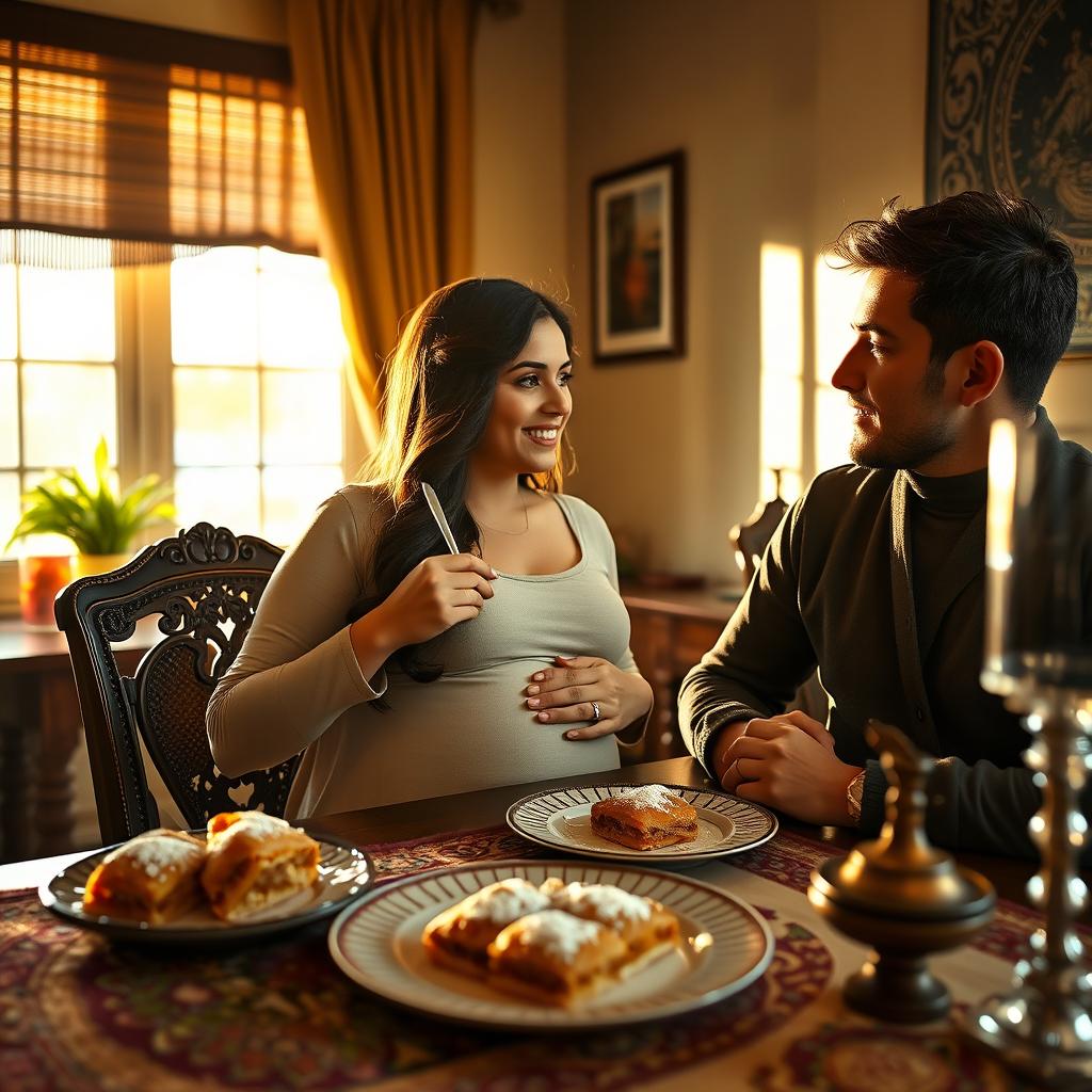 A serene scene featuring a beautiful pregnant Iranian woman sitting at a dining table, enjoying delicious baklava