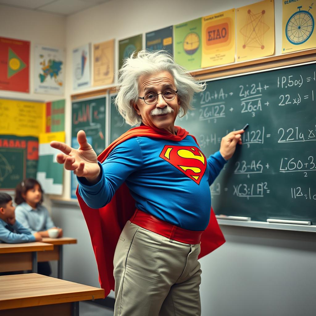 Albert Einstein stands in a classroom, dressed as Superman, confidently solving complex math equations on a chalkboard