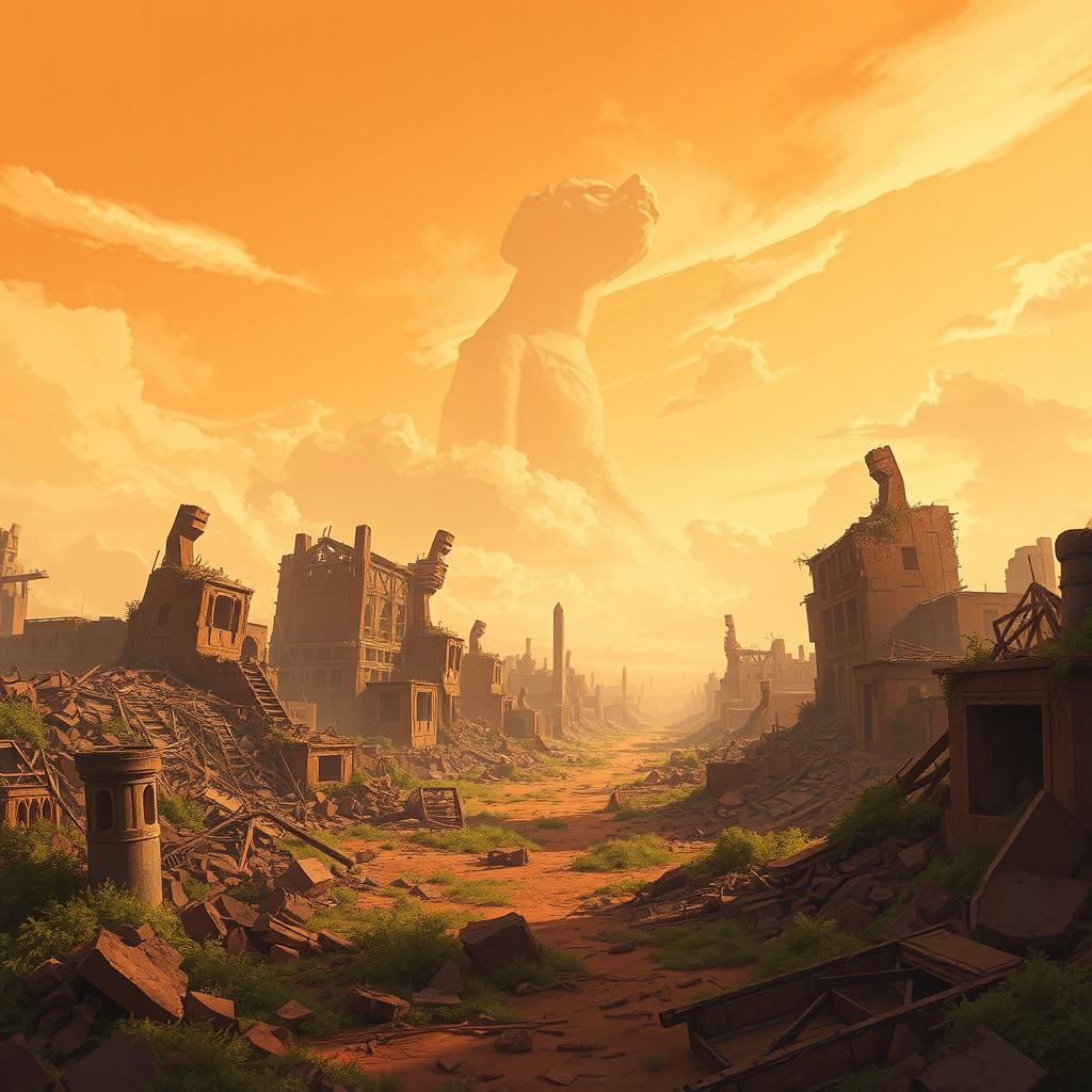 A post-apocalyptic background inspired by the animated series Arcane, featuring extensive ruins and destruction