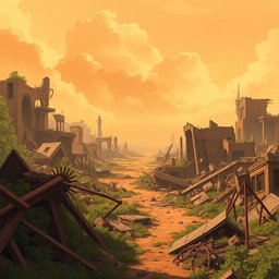 A post-apocalyptic background inspired by the animated series Arcane, featuring extensive ruins and destruction