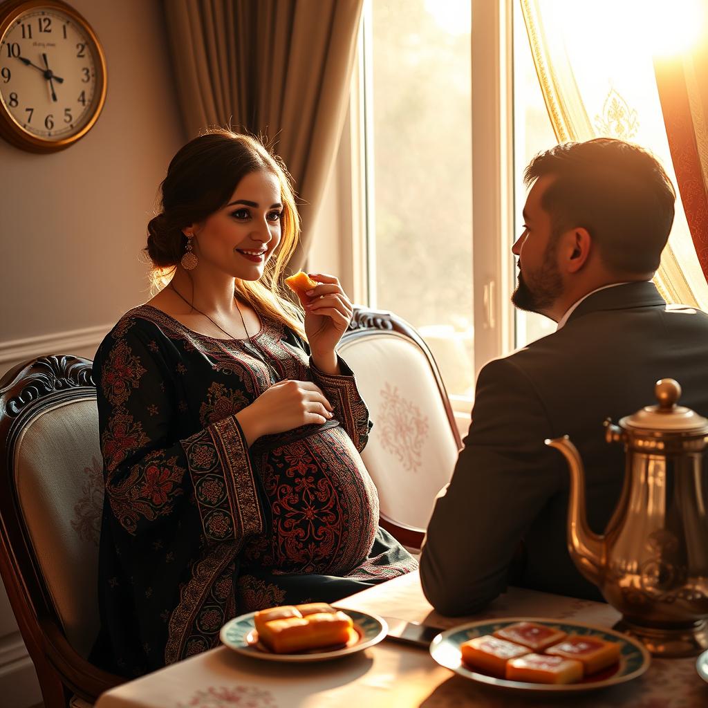 A beautiful Iranian pregnant woman sitting at a dining table, enjoying a piece of baklava