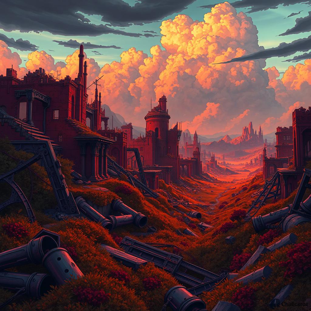 A post-apocalyptic background inspired by the animated series Arcane, featuring extensive ruins and destruction