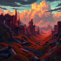 A post-apocalyptic background inspired by the animated series Arcane, featuring extensive ruins and destruction