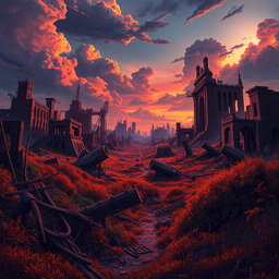 A post-apocalyptic background inspired by the animated series Arcane, featuring extensive ruins and destruction