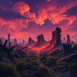 A post-apocalyptic background inspired by the animated series Arcane, featuring extensive ruins and destruction