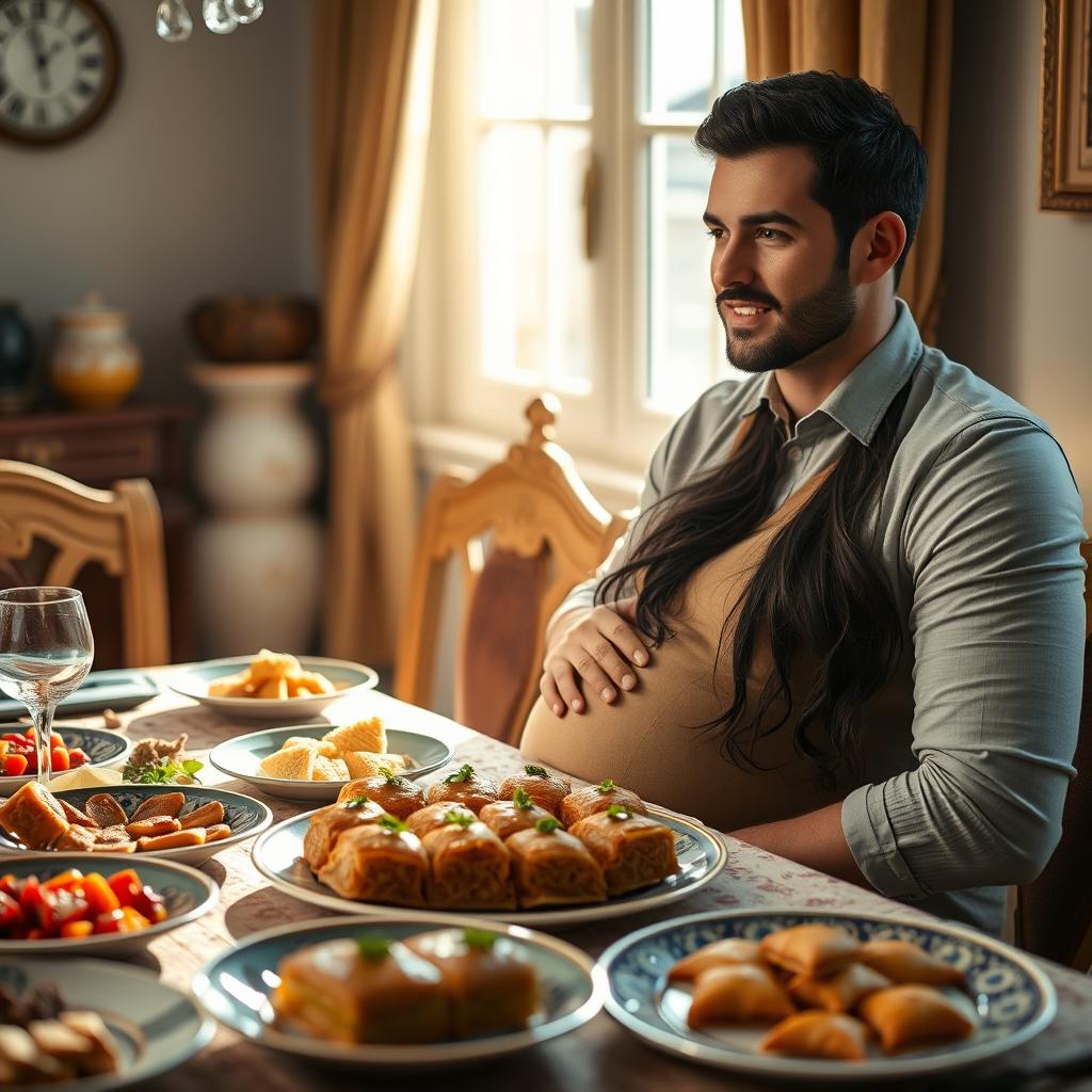 A beautiful Iranian pregnant woman with long dark hair, sitting at a dining table adorned with a variety of colorful dishes