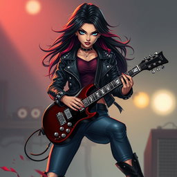 A charismatic Latina vampire rockstar with mesmerizing, captivating eyes, long flowing dark hair featuring vibrant red highlights, and a radiant tan complexion