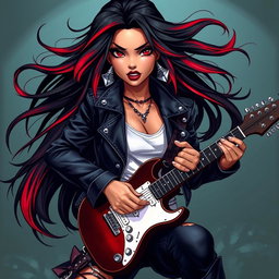 A charismatic Latina vampire rockstar with mesmerizing, captivating eyes, long flowing dark hair featuring vibrant red highlights, and a radiant tan complexion