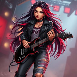 A charismatic Latina vampire rockstar with mesmerizing, captivating eyes, long flowing dark hair featuring vibrant red highlights, and a radiant tan complexion