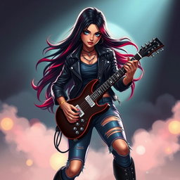 A charismatic Latina vampire rockstar with mesmerizing, captivating eyes, long flowing dark hair featuring vibrant red highlights, and a radiant tan complexion