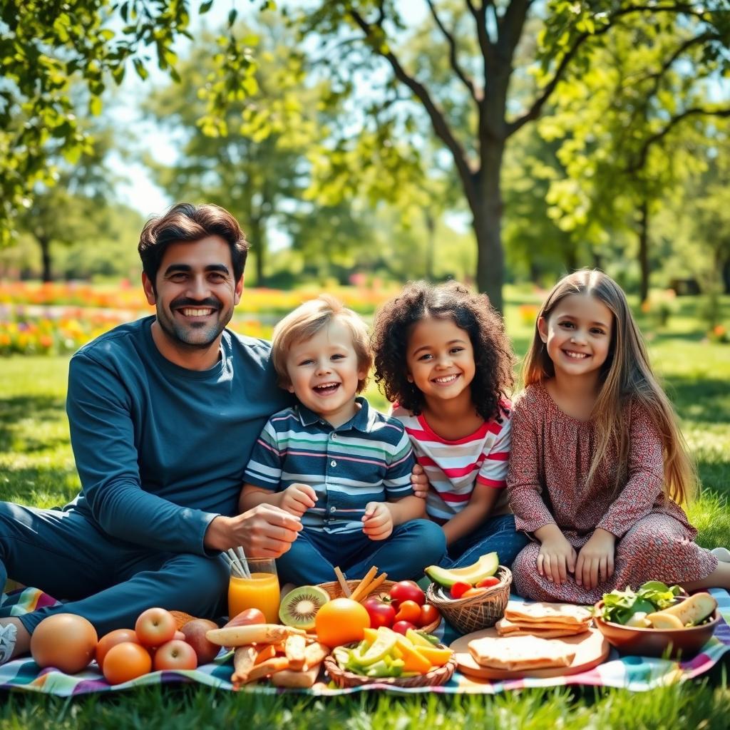 A warm and inviting scene depicting a healthy and happy family enjoying a picnic in a lush green park
