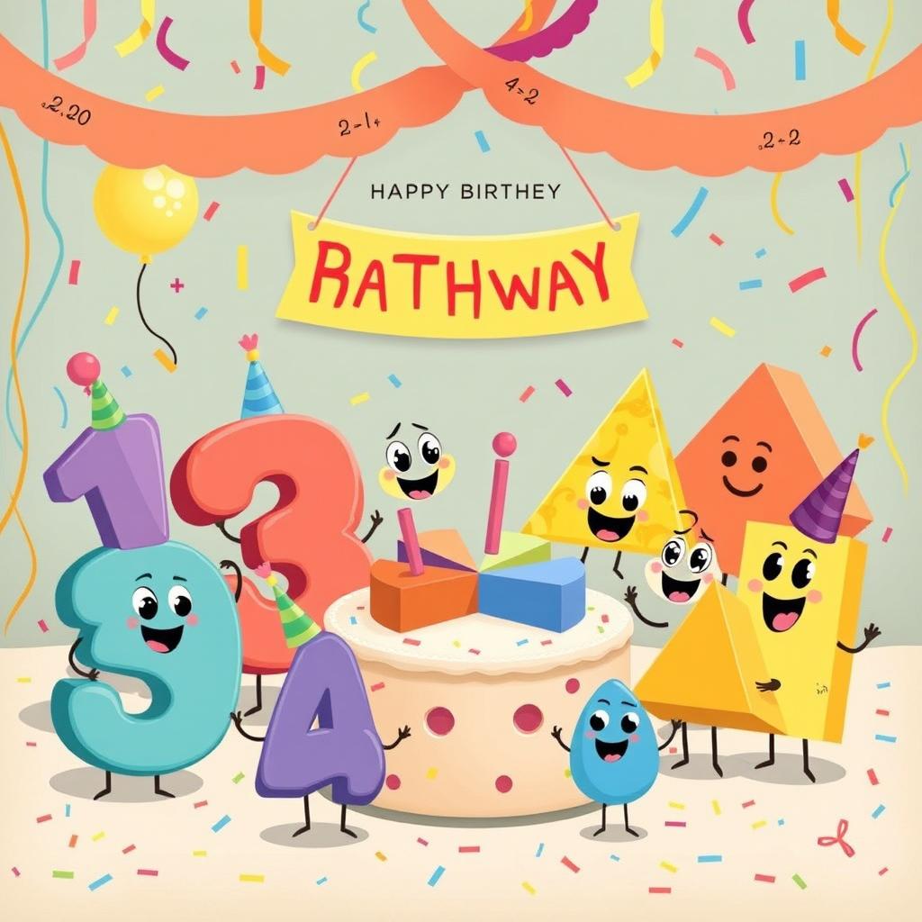 A whimsical scene where numbers and geometric shapes are having a fun party together