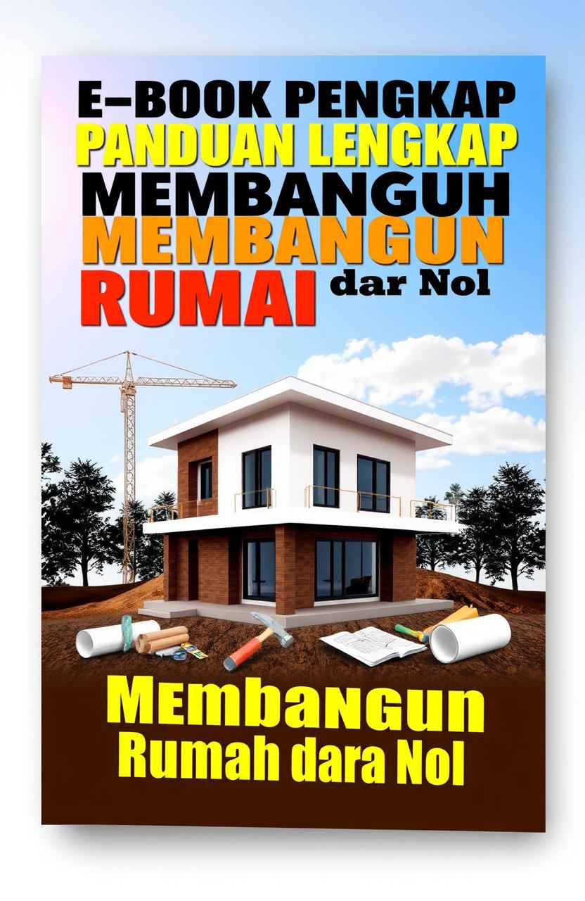 A visually appealing cover design for an e-book titled 'E-Book Panduan Lengkap Membangun Rumah dari Nol'