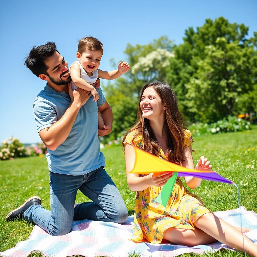 A vibrant and joyful family enjoying a sunny day in a park