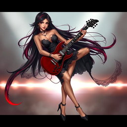 A charismatic Latina vampire rockstar with mesmerizing, captivating eyes, long flowing dark hair featuring striking red highlights, and a radiant tan complexion