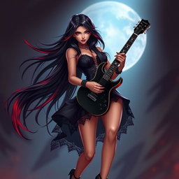 A charismatic Latina vampire rockstar with mesmerizing, captivating eyes, long flowing dark hair featuring striking red highlights, and a radiant tan complexion