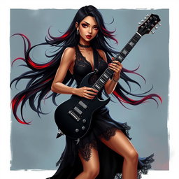 A charismatic Latina vampire rockstar with mesmerizing, captivating eyes, long flowing dark hair featuring striking red highlights, and a radiant tan complexion