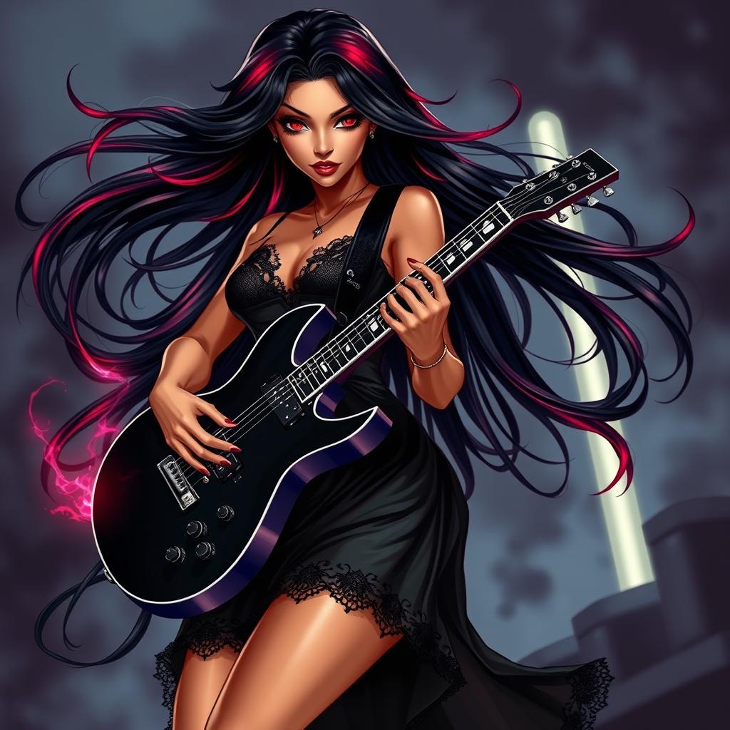 A charismatic Latina vampire rockstar with mesmerizing, captivating eyes, long flowing dark hair featuring striking red highlights, and a radiant tan complexion