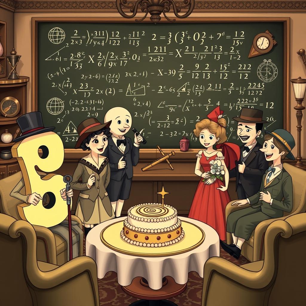 A charming, vintage-inspired scene where numbers and geometric shapes are having a lively party centered around mathematical concepts