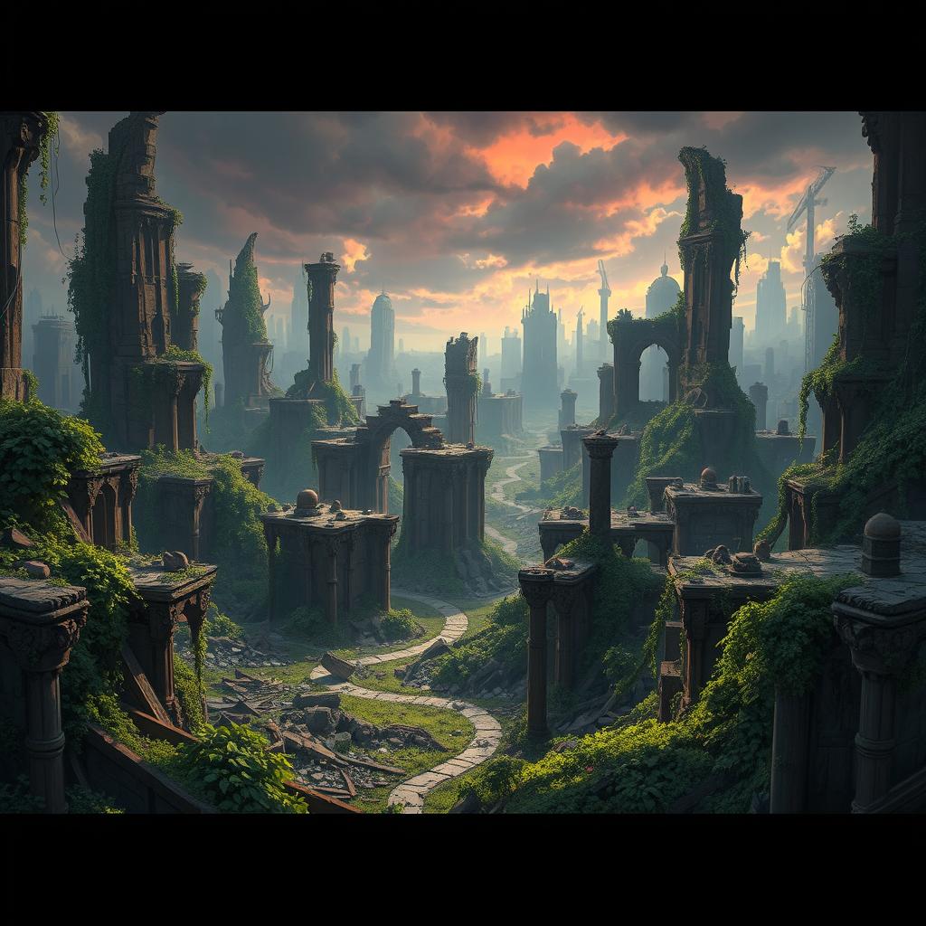 A post-apocalyptic landscape inspired by the animated series Arcane, featuring realistic art style without pixelation