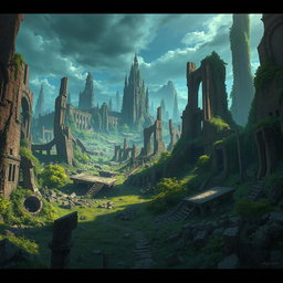 A post-apocalyptic landscape inspired by the animated series Arcane, featuring realistic art style without pixelation