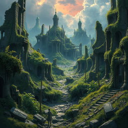 A post-apocalyptic landscape inspired by the animated series Arcane, featuring realistic art style without pixelation