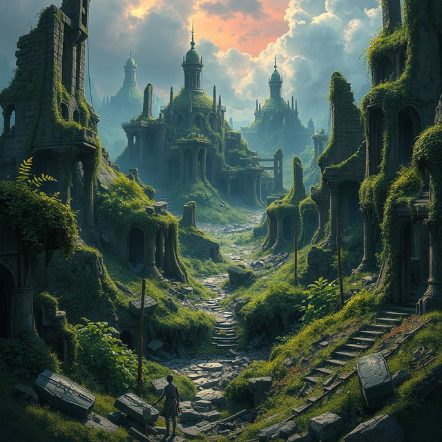 A post-apocalyptic landscape inspired by the animated series Arcane, featuring realistic art style without pixelation