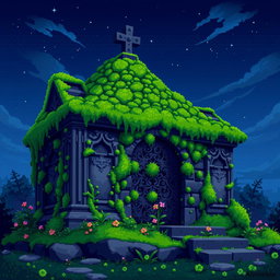 A vibrant 64x64 pixel art representation of a mossy mausoleum, featuring intricate stone carvings and overgrown greenery