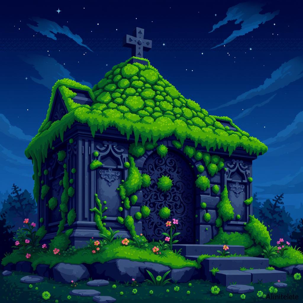 A vibrant 64x64 pixel art representation of a mossy mausoleum, featuring intricate stone carvings and overgrown greenery