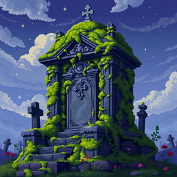 A vibrant 64x64 pixel art representation of a mossy mausoleum, featuring intricate stone carvings and overgrown greenery