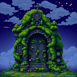 A vibrant 64x64 pixel art representation of a mossy mausoleum, featuring intricate stone carvings and overgrown greenery