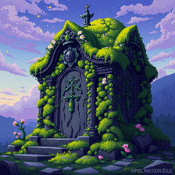 A vibrant 64x64 pixel art representation of a mossy mausoleum, featuring intricate stone carvings and overgrown greenery